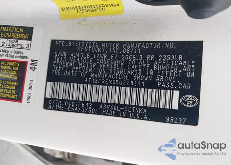 2011 Toyota Camry Le from USA, damaged, VIN 4T1BF3EK5BU778241
